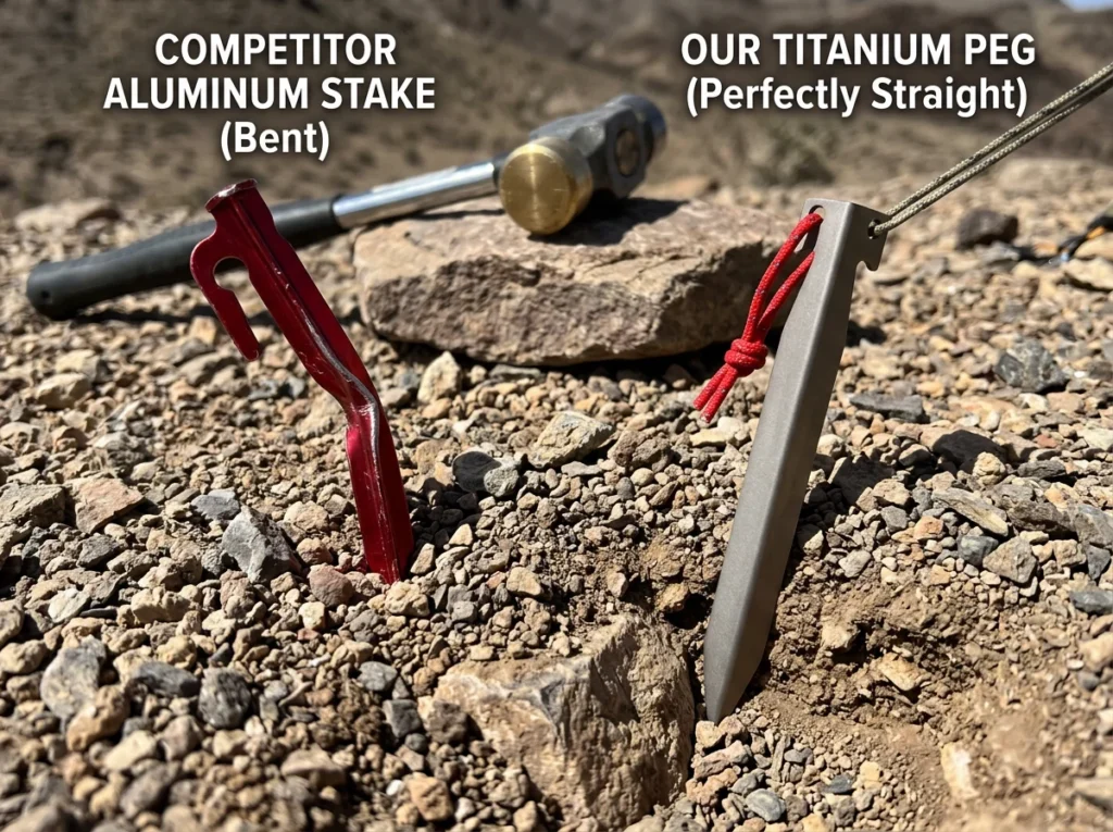 Prueba de resistencia a la flexión de una estaca de titanio de grado 5 de 11,5 g frente a una estaca de aluminio estándar en suelo rocoso