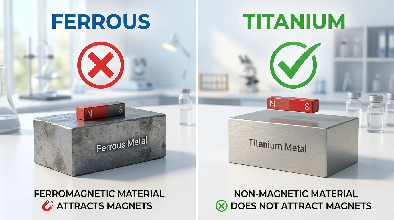 チタンは金属探知機に反応するか?究極のガイド (2026) 2 チタンは鉄に比べて透磁率の低い非鉄金属であることを示すインフォグラフィック。.