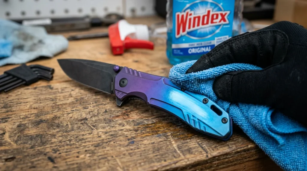 Как чистить титан: Исчерпывающее руководство для ювелирных изделий, часов и шестеренок 5 Восстановление потускневшего цвета анодированного титанового карманного ножа EDC с помощью изопропилового спирта и салфетки из микрофибры.