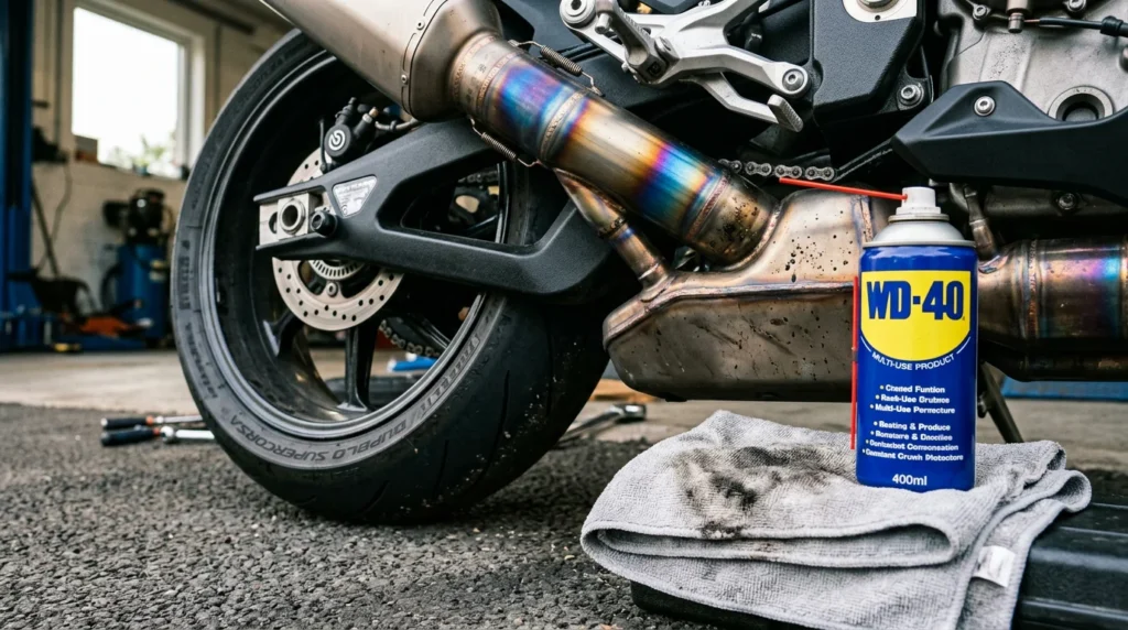 Как чистить титан: Исчерпывающее руководство для ювелирных изделий, часов и шестеренок 7 Очистите дорожную смолу и расплавленный пластик с вороненой титановой выхлопной трубы мотоцикла с помощью WD-40.