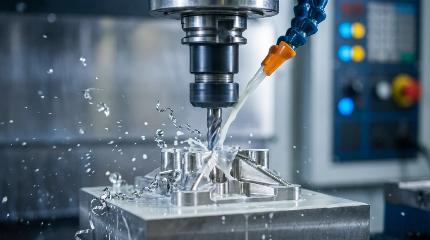 チタンとプラチナの特性、重量、工業用途 2 高圧クーラントを使用して航空宇宙用チタン部品を切削するCNCフライス盤