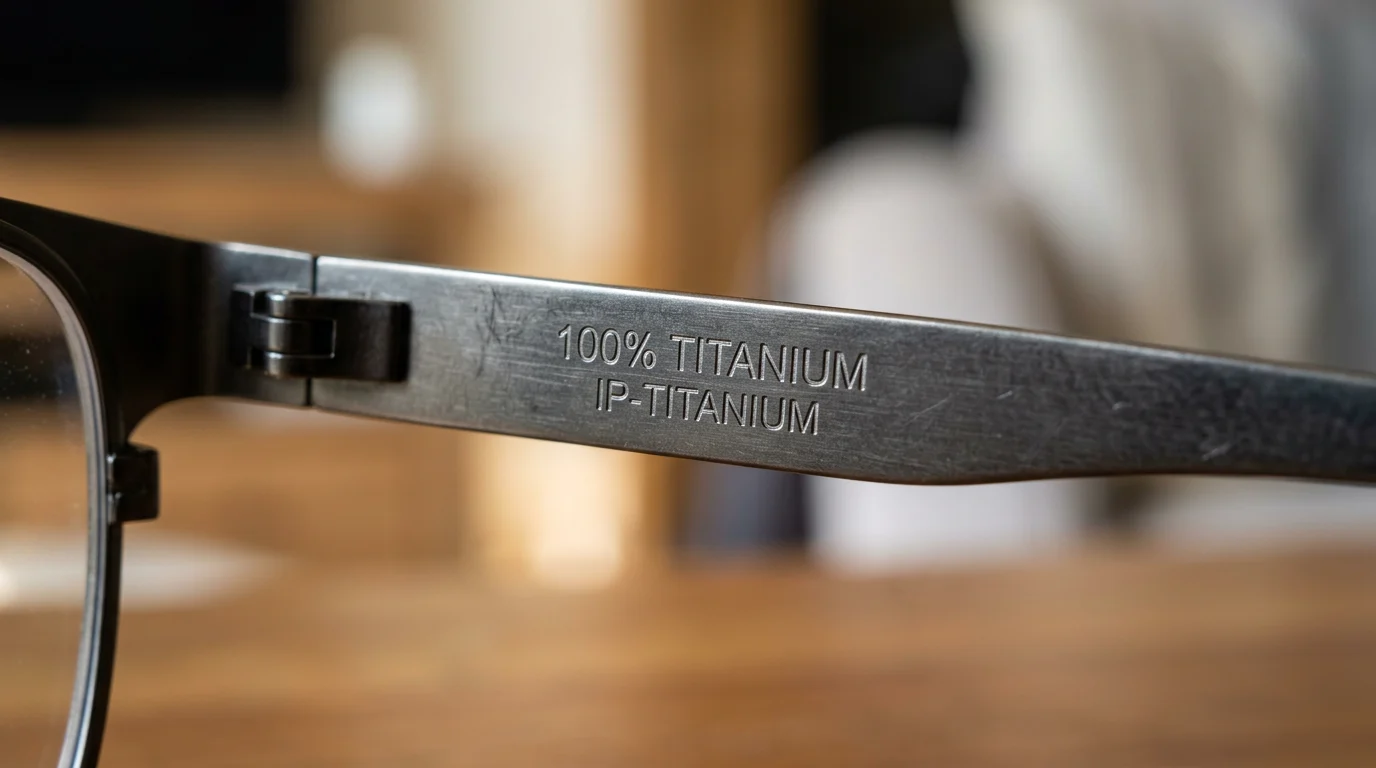 Óculos de titânio 101: um guia completo sobre vantagens, desvantagens e materiais 4 Grande plano da gravação 100% Pure Titanium na têmpora interior de óculos autênticos