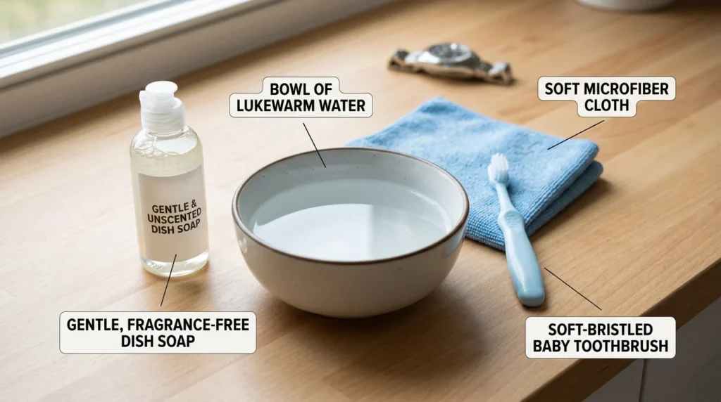 Как чистить титан: Исчерпывающее руководство для ювелирных изделий, часов и шестеренок 3 Основные безопасные средства для чистки титана: мягкое мыло для посуды, теплая вода, салфетка из микрофибры и мягкая зубная щетка.