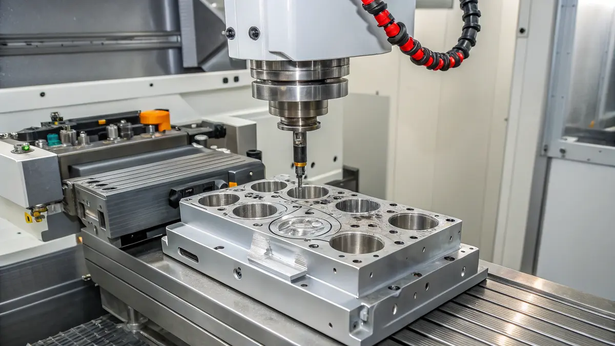 Precision CNC machining of a custom Grade 5 titanium aerospace component with high-pressure coolant.