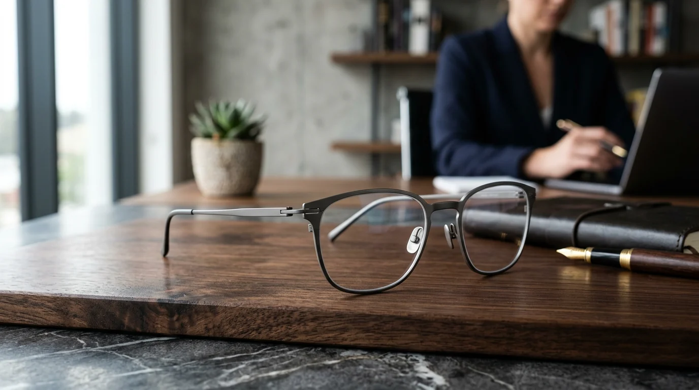 Óculos de titânio 101: um guia completo sobre vantagens, desvantagens e materiais 1 Um elegante par de armações de óculos leves em titânio sobre uma secretária