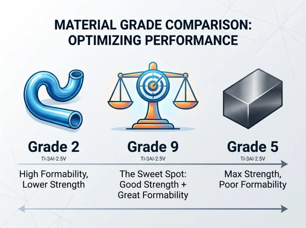 Lavorazione del titanio di grado 9 (Ti-3Al-2,5V): Guida completa a velocità, avanzamenti e proprietà 2 Confronto tra il titanio di grado 9 e di grado 5, che evidenzia le differenze di resistenza e formabilità.