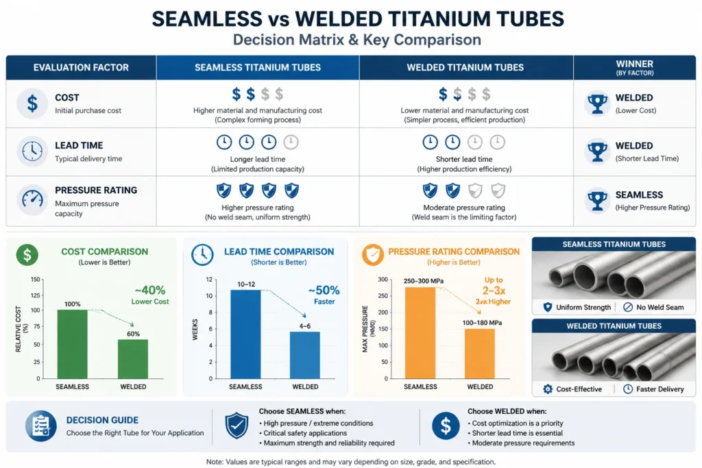 Seamless vs. Welded Titanium Tube: Which Is the Best Choice for Your Project? 3 Decision matrix and infographic comparing cost, lead time, and pressure rating of seamless vs welded titanium tubes.