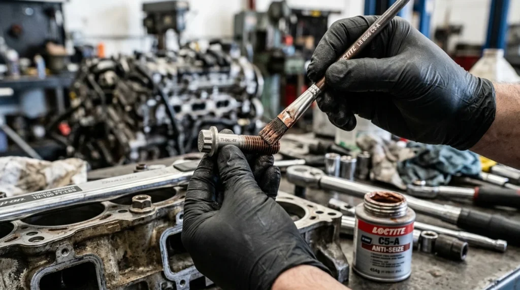 Are Titanium Bolts Stronger Than Steel? Yield Strength & Weight Guide 3 Technician applying anti-seize paste to a Grade 5 titanium bolt thread to prevent galling during installation.