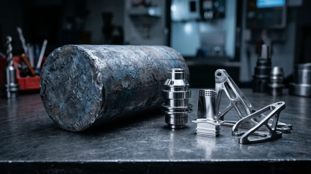 What is the Density of Titanium? (Comparing Grades, Steel, and Aluminum) 1 pure titanium billet and machined aerospace parts