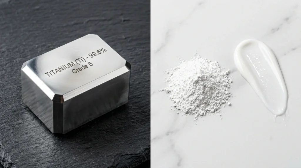 Is Titanium Toxic? The Ultimate Safety Guide (Implants, Jewelry & Cookware) 4 Comparison between solid metallic titanium used in implants and titanium dioxide (TiO2) powder used in sunscreens and cosmetics.