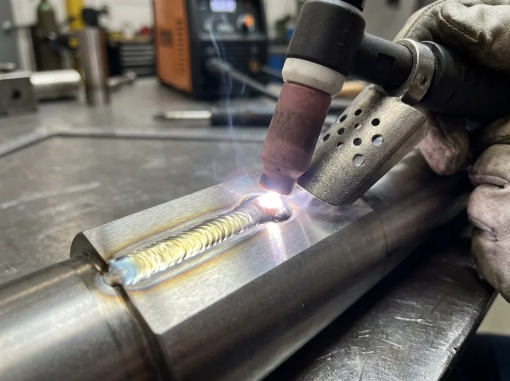 Lavorazione del titanio di grado 9 (Ti-3Al-2,5V): Guida completa a velocità, avanzamenti e proprietà 4 Saldatura TIG di tubi in titanio di grado 9 utilizzando uno scudo di traino in argon per evitare la contaminazione del caso alfa.