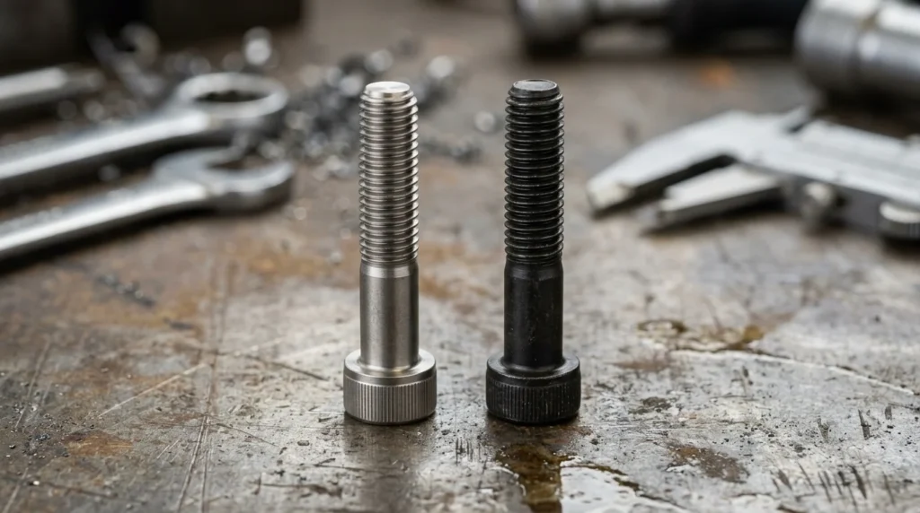 Are Titanium Bolts Stronger Than Steel? Yield Strength & Weight Guide 1 Side-by-side comparison of a lightweight Grade 5 titanium bolt and a heavy-duty alloy steel bolt for industrial applications.