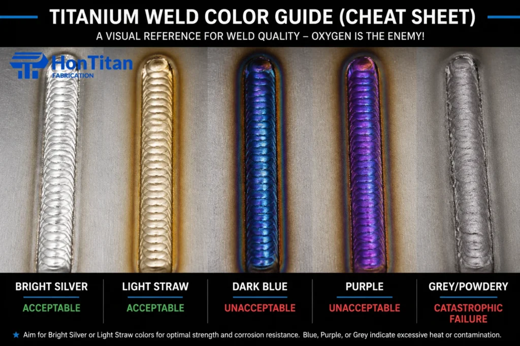 Is Grade 4 Titanium Sheet Easy to Weld? The Ultimate Guide 3 Titanium weld discoloration chart showing acceptable bright silver to unacceptable blue, purple, and grey alpha case embrittlement.