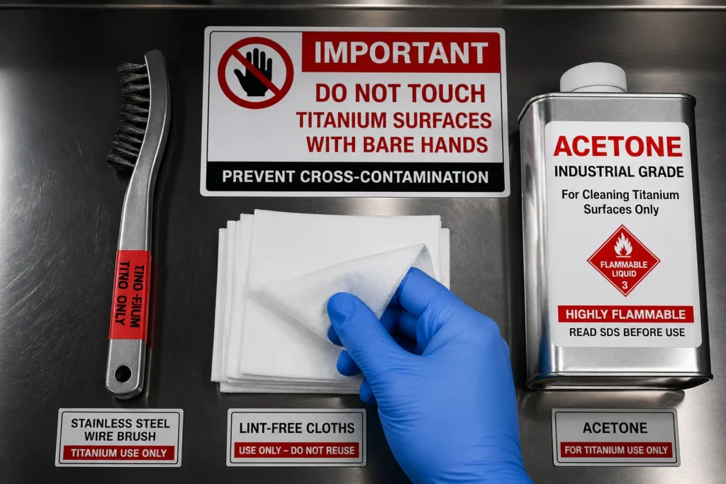 Is Grade 4 Titanium Sheet Easy to Weld? The Ultimate Guide 2 Dedicated titanium welding preparation tools including a color-coded stainless steel wire brush, lint-free cloths, and industrial acetone.