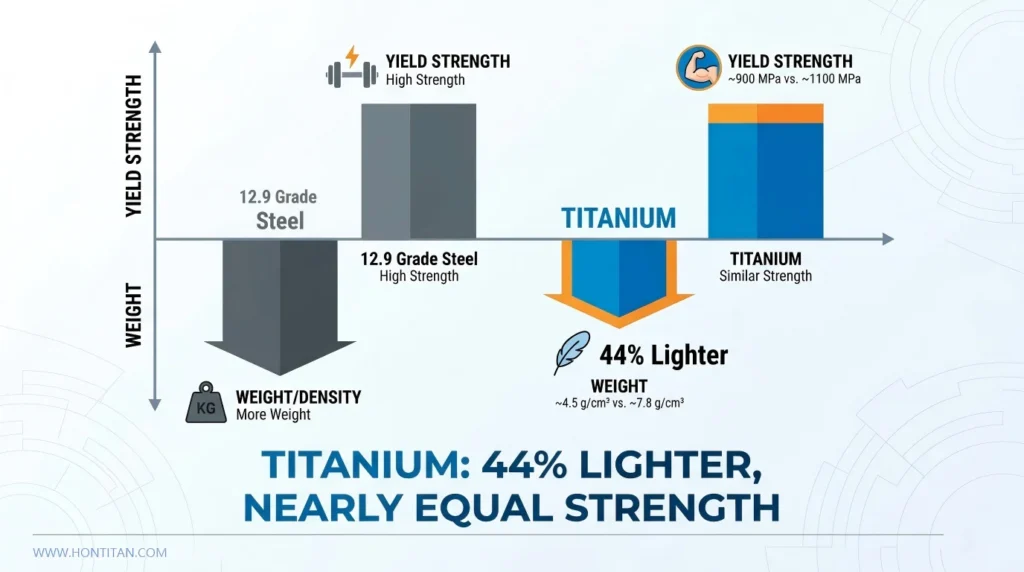 Are Titanium Bolts Stronger Than Steel? Yield Strength & Weight Guide 2 Bar chart comparing the yield strength and density of Grade 5 titanium, 316 stainless steel, and Class 12.9 alloy steel.
