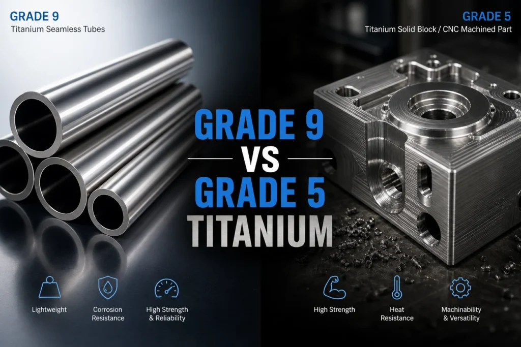 Die Wahl zwischen Titan Grad 9 und Grad 5 für Ihr Projekt 1 Nahtlose Rohre aus Titan Grade 9 und ein CNC-gefrästes Bauteil aus Titan Grade 5 im Vergleich.