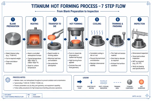 Titanium Stamping and Forming Technology: A Practical Engineering Guide to Methods, Parameters, and Tooling 6 Titanium hot forming process flow: 7 steps from blank preparation through inspection — technical flowchart