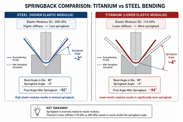 Titanium Stamping and Forming Technology: A Practical Engineering Guide to Methods, Parameters, and Tooling 7 Springback comparison diagram: titanium vs steel bending — showing nearly double elastic recovery in titanium due to lower elastic modulus (114 GPa vs 200 GPa)