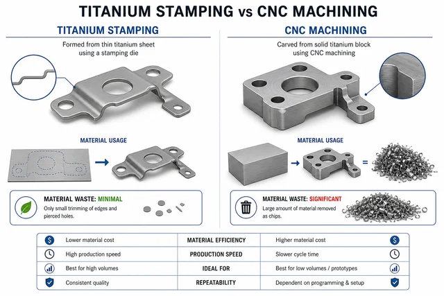 Titanium Stamping and Forming Technology: A Practical Engineering Guide to Methods, Parameters, and Tooling 12 Titanium stamping versus CNC machining — material waste comparison showing stamping efficiency versus machining from solid block