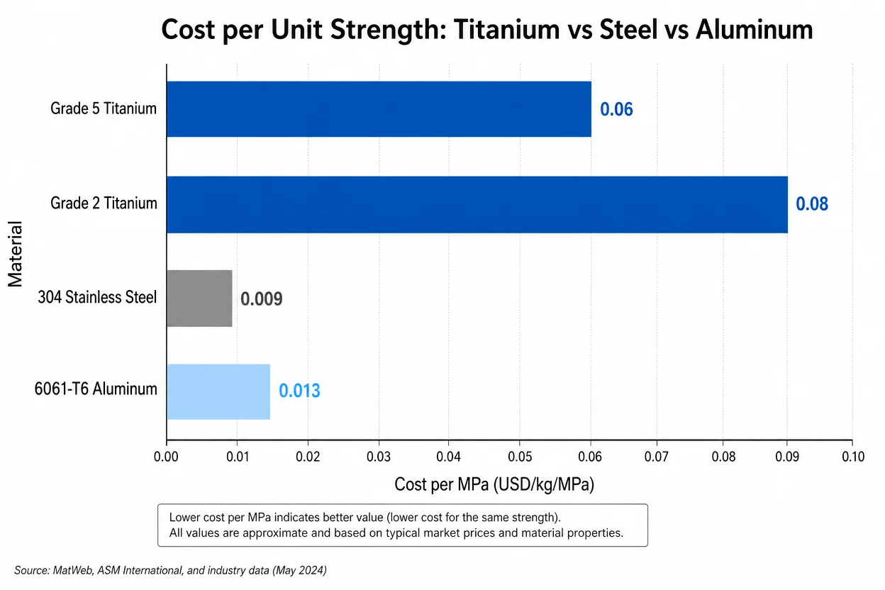 How Strong Are Titanium Sheets? A Complete Guide to Titanium Sheet Strength (All Grades) 5 Horizontal bar chart showing cost per unit strength comparison: Grade 5 titanium, Grade 2 titanium, 304 stainless steel, and 6061 aluminum