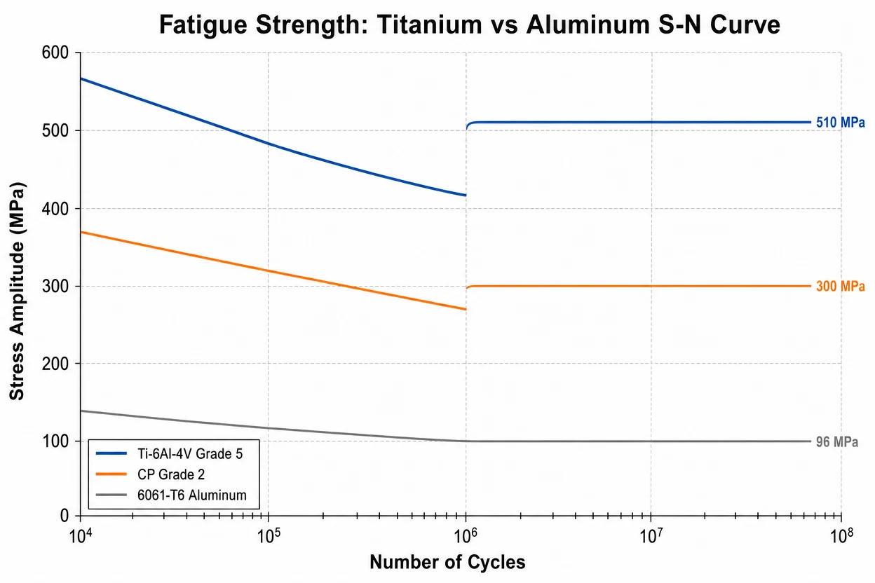 How Strong Are Titanium Sheets? A Complete Guide to Titanium Sheet Strength (All Grades) 4 S-N fatigue curve comparing Ti-6Al-4V Grade 5, CP Grade 2 titanium, and 6061-T6 aluminum showing endurance limits at 10 million cycles
