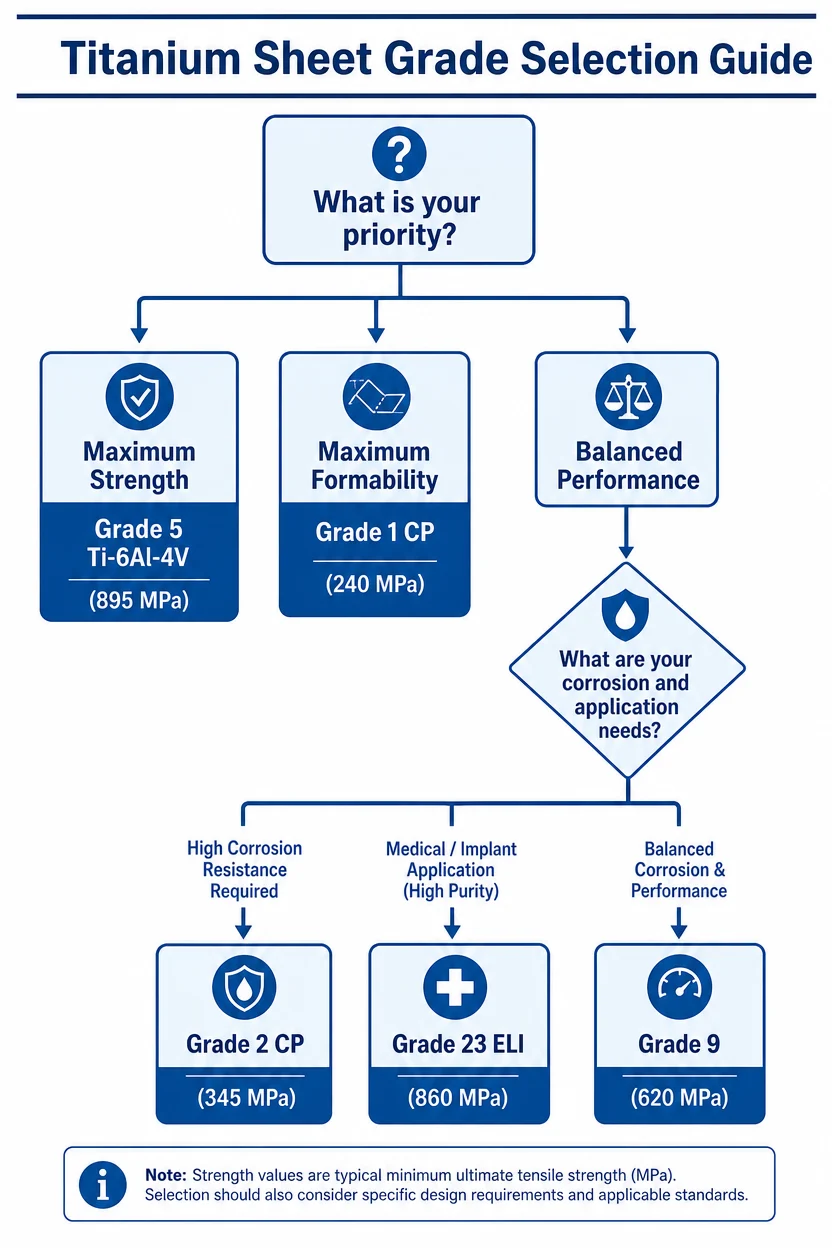 How Strong Are Titanium Sheets? A Complete Guide to Titanium Sheet Strength (All Grades) 6 Decision flowchart for selecting the right titanium sheet grade based on application priority - maximum strength, formability, corrosion resistance, or biocompatibility