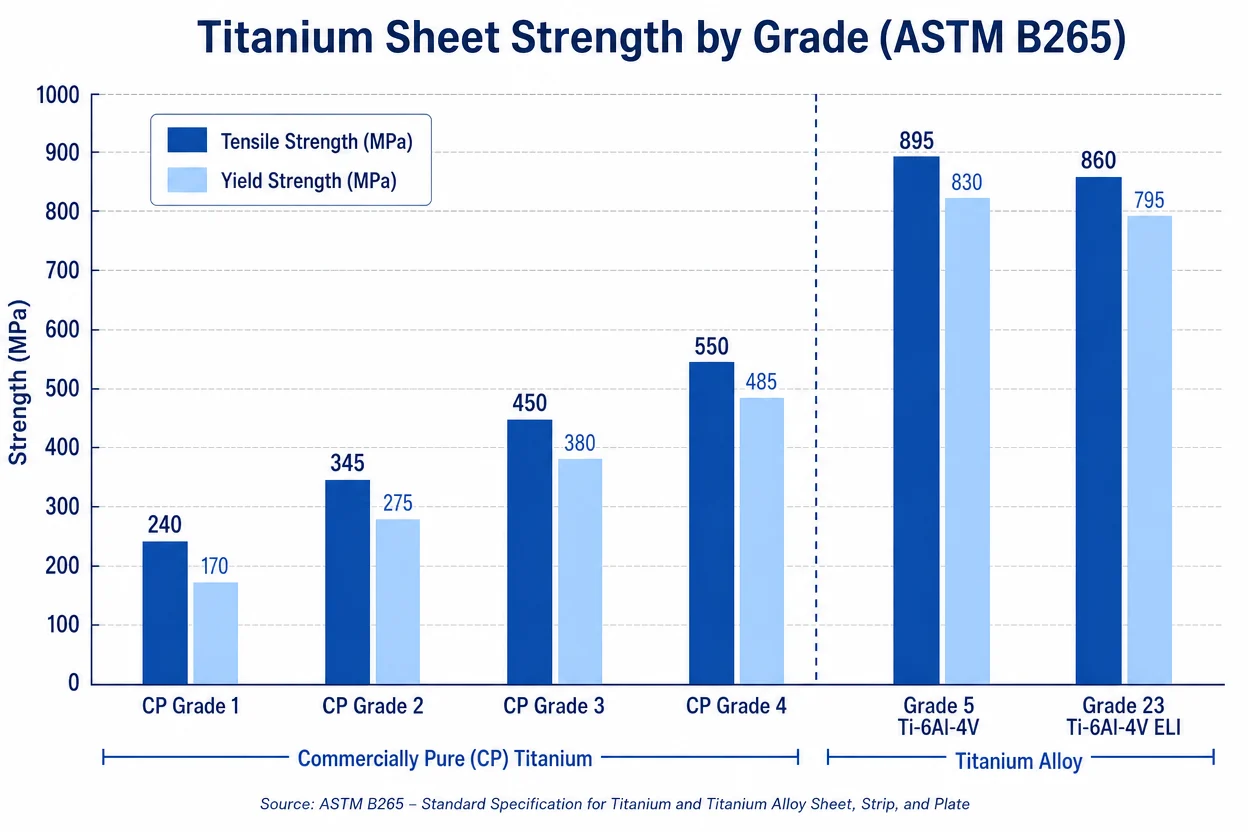 How Strong Are Titanium Sheets? A Complete Guide to Titanium Sheet Strength (All Grades) 2 Titanium sheet grade strength comparison bar chart showing tensile and yield strength across CP Grade 1-4 and Grade 5 Ti-6Al-4V per ASTM B265
