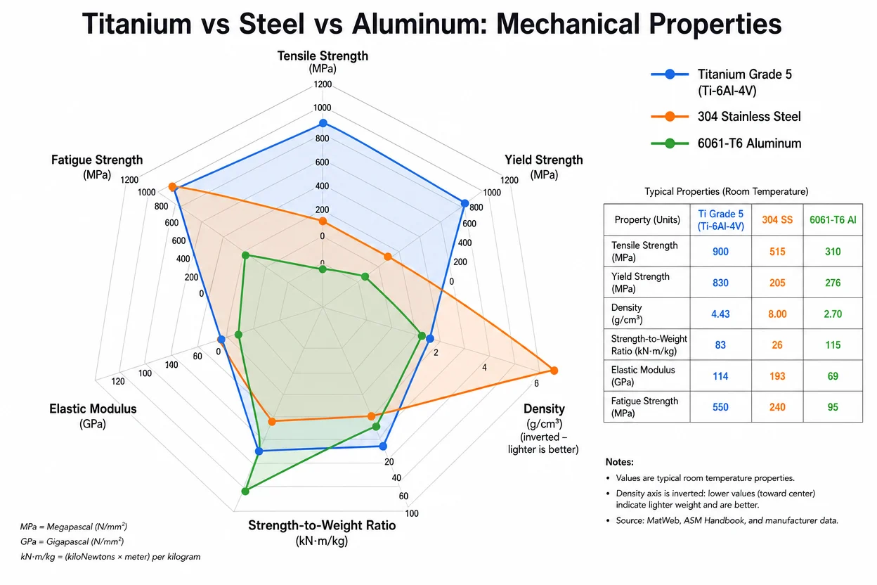 How Strong Are Titanium Sheets? A Complete Guide to Titanium Sheet Strength (All Grades) 3 Radar chart comparing titanium Grade 5, 304 stainless steel, and 6061-T6 aluminum across tensile strength, yield strength, density, elastic modulus, and strength-to-weight ratio