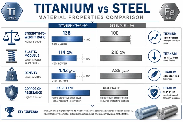 Titanium Stamping and Forming Technology: A Practical Engineering Guide to Methods, Parameters, and Tooling 2 Titanium properties versus steel: strength-to-weight ratio, elastic modulus, density, and corrosion resistance comparison infographic