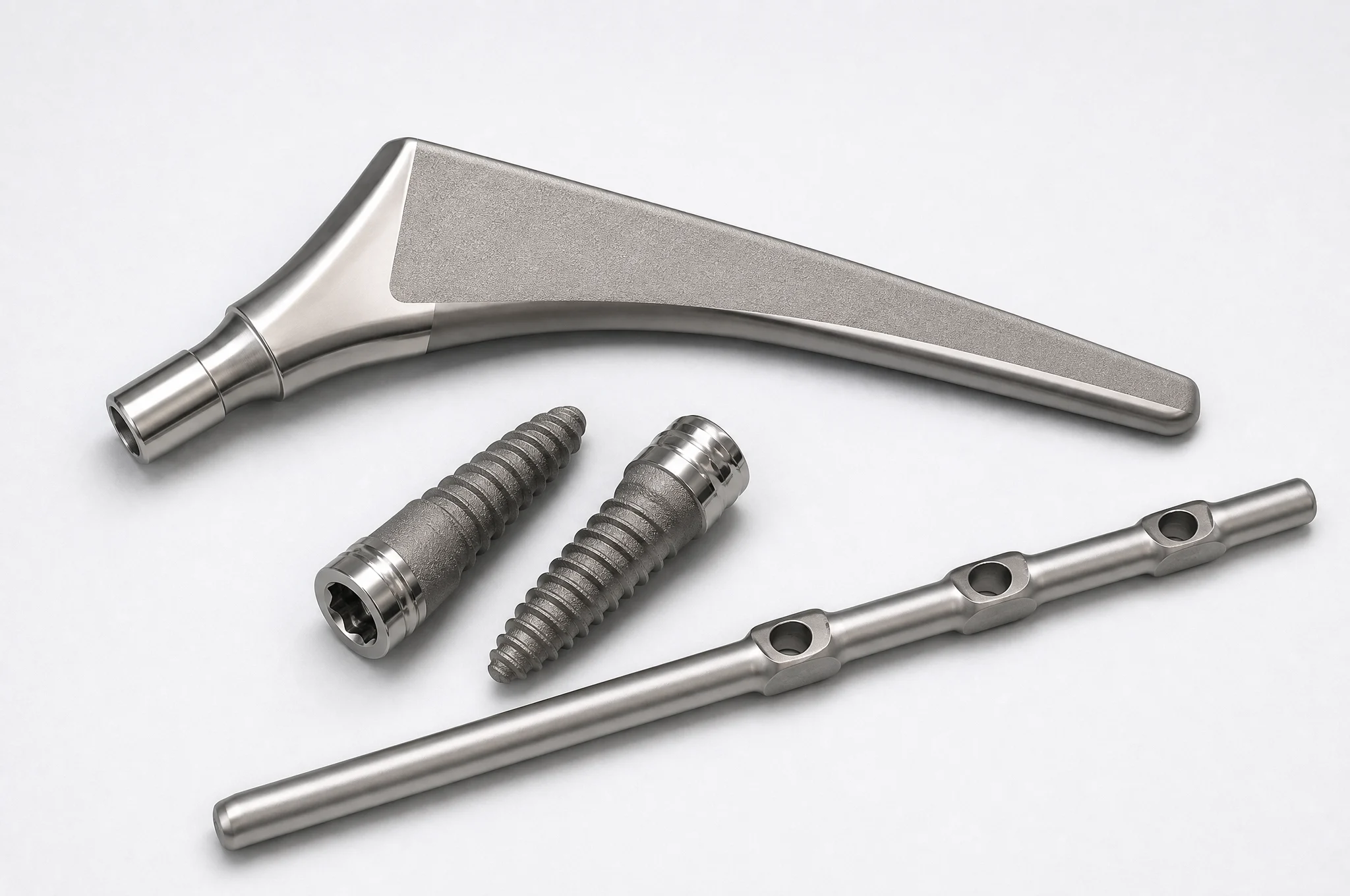 Ti-6Al-4V vs Ti-6Al-4V ELI: Grade 5 vs Grade 23 — An Engineer's Decision Guide 4 Clean titanium medical implants — femoral stem, dental screws, and spinal rod — representing the critical applications where Grade 23 ELI titanium alloy is non-negotiable