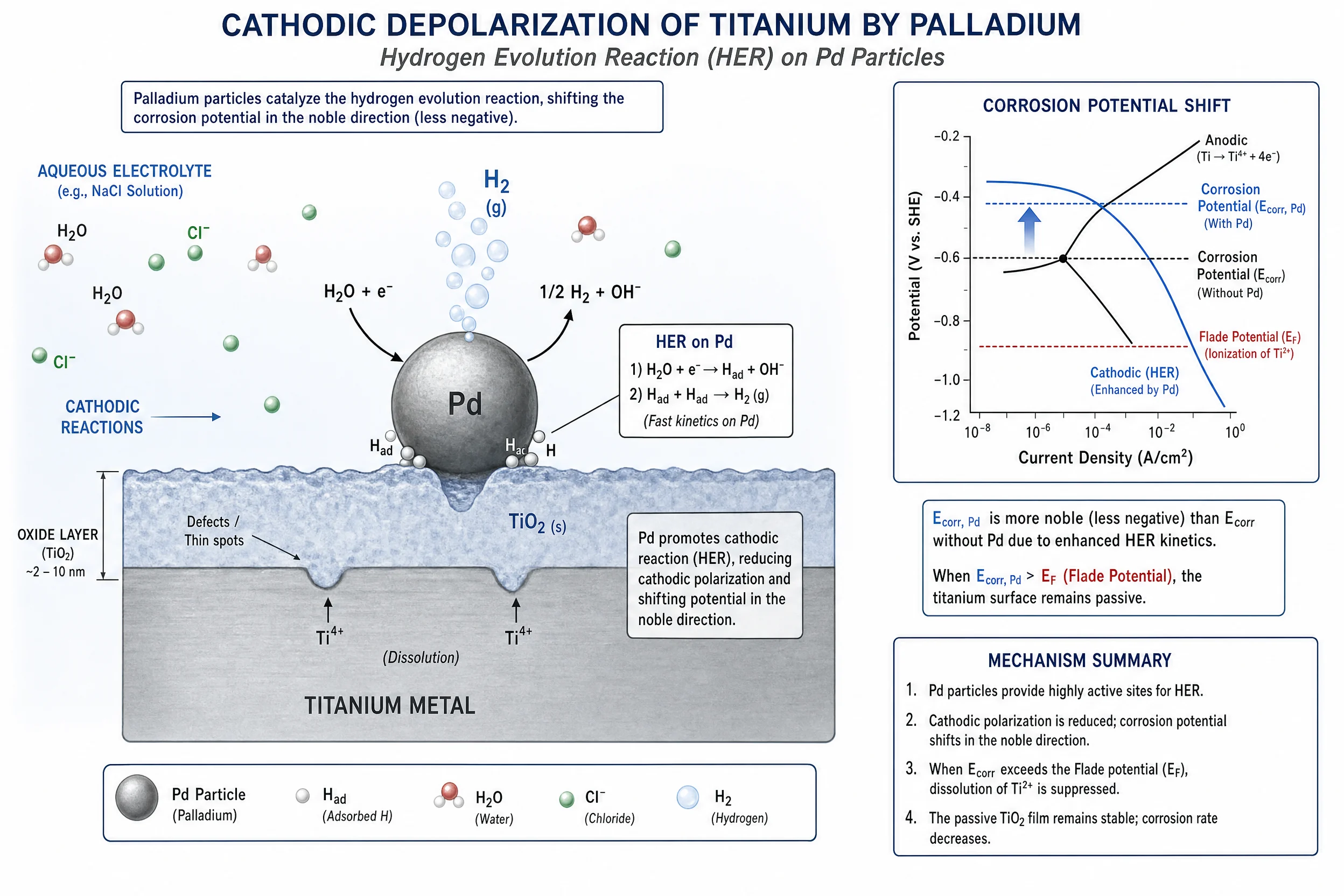 Titânio-paládio de grau 7 (Ti-0,15Pd): resistência à corrosão, propriedades e comparação com o grau 11 4 Diagrama que ilustra o mecanismo de despolarização catódica — partículas de paládio na superfície de titânio que catalisam a evolução de hidrogénio e deslocam o potencial de corrosão para acima do potencial de Flade
