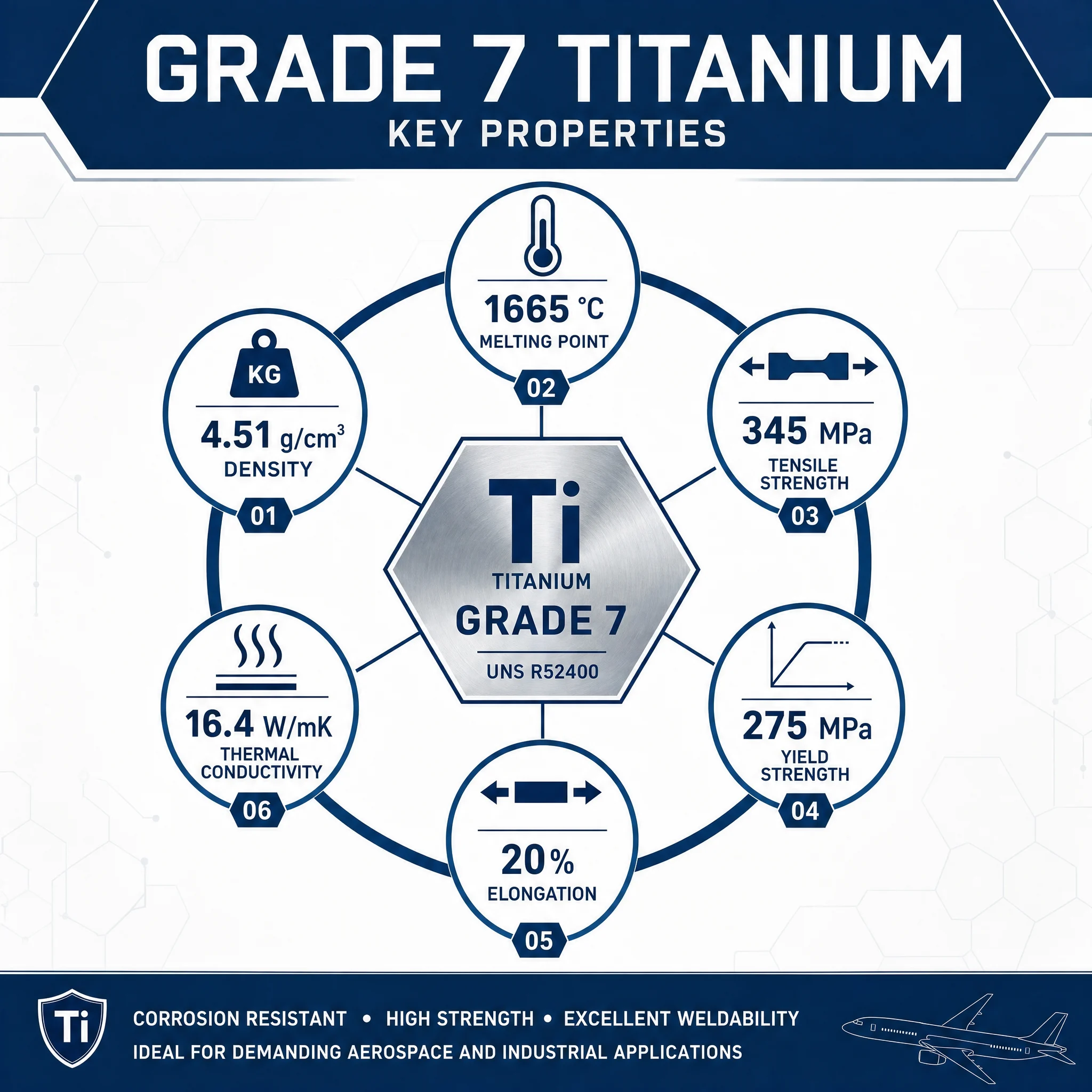 Titânio-paládio de grau 7 (Ti-0,15Pd): resistência à corrosão, propriedades e comparação com o grau 11 3 Infográfico sobre as propriedades físicas e mecânicas do titânio de grau 7, apresentando a densidade, o ponto de fusão, a resistência à tração e o alongamento