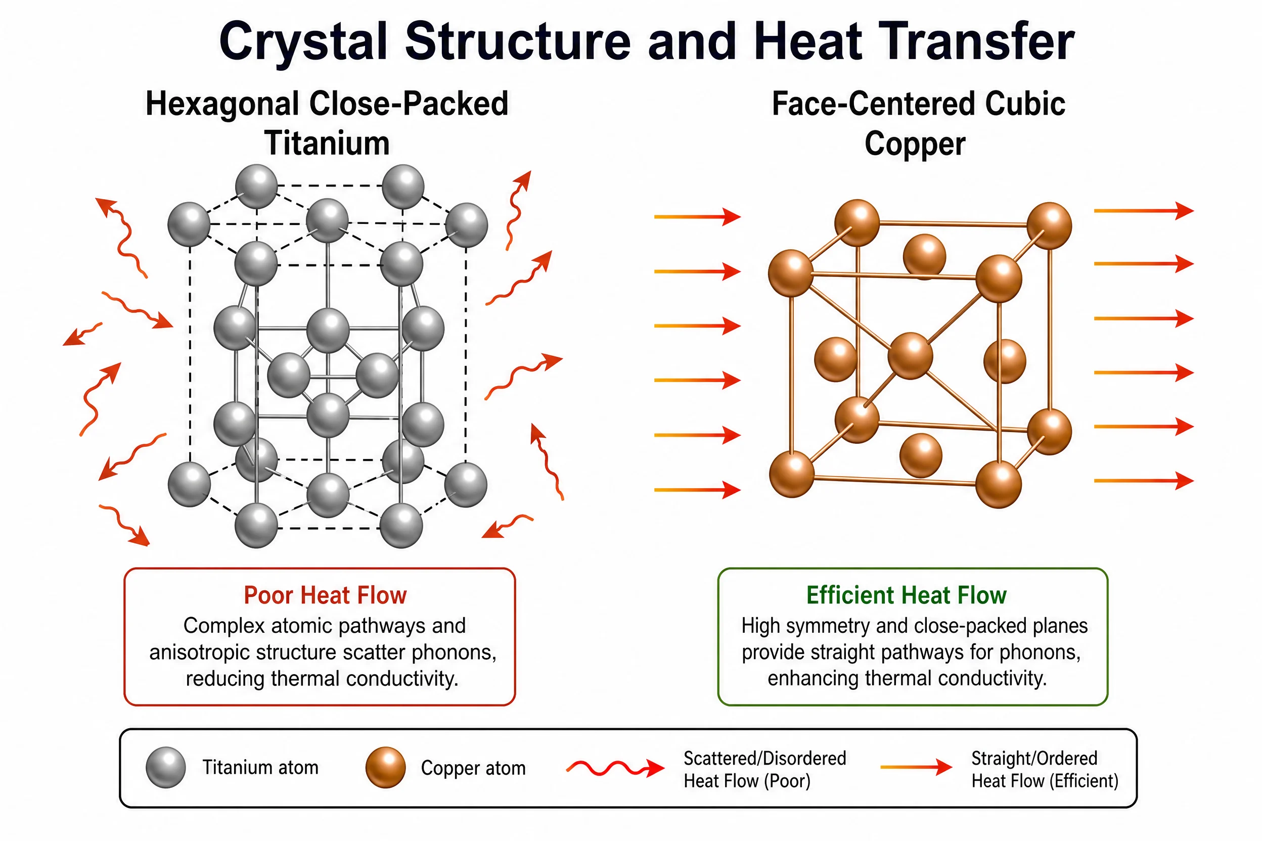 Titanium Thermal Conductivity: Why It's Low and When That Matters 5 Diagram comparing hexagonal close-packed titanium crystal structure versus face-centered cubic copper crystal structure - showing how crystal geometry affects heat transfer efficiency