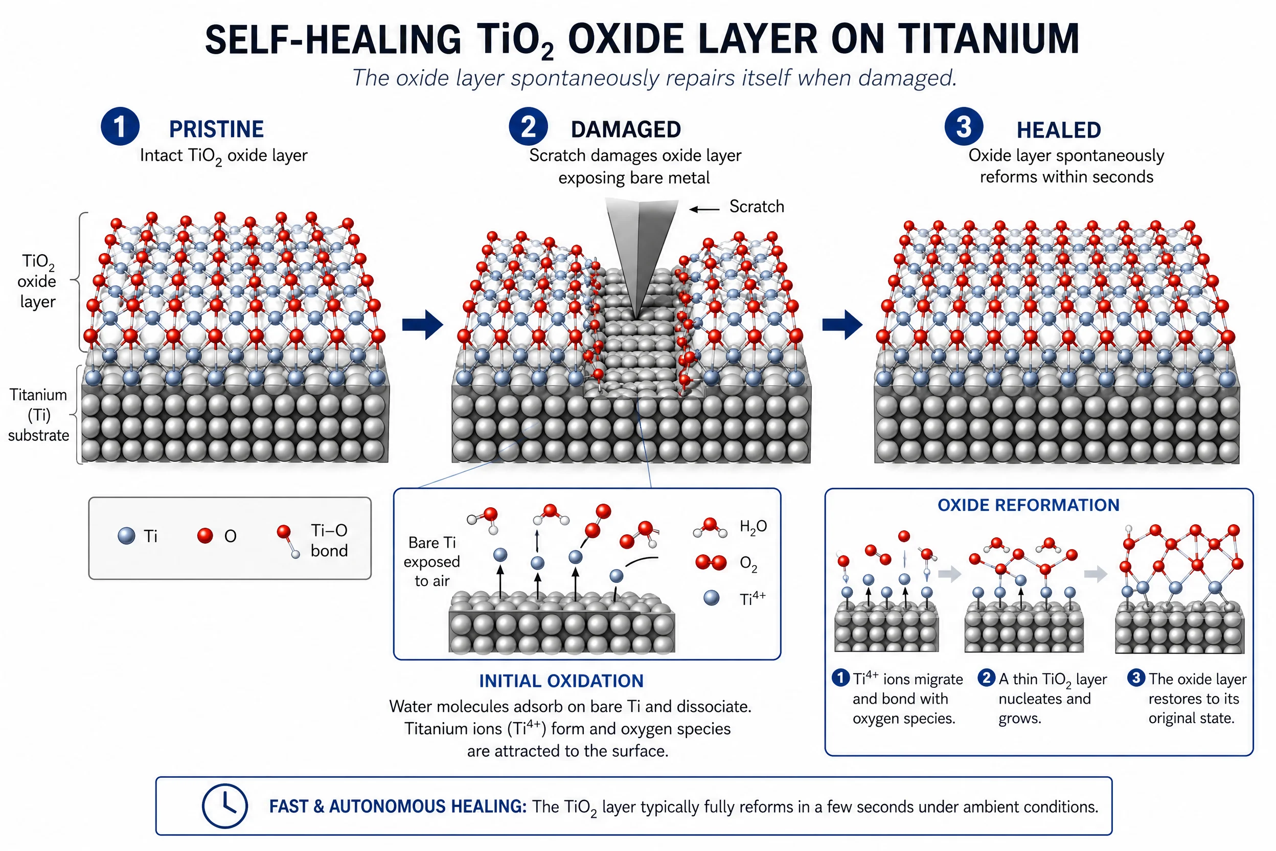 ¿Por qué no se oxida el titanio? La ciencia detrás de la resistencia a la corrosión del titanio, explicada 3 Diagrama de tres pasos que muestra la capa de óxido de titanio autorreparable: estados prístino, dañado y curado.