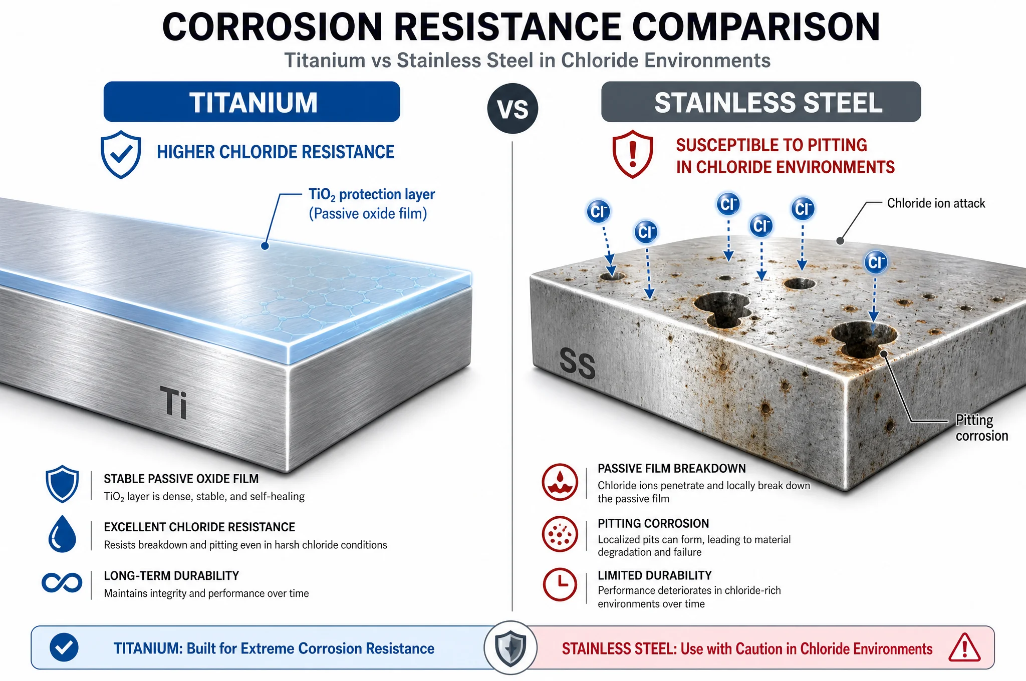¿Por qué no se oxida el titanio? La ciencia detrás de la resistencia a la corrosión del titanio, explicada 4 Infografía comparativa de la resistencia a la corrosión del titanio y el acero inoxidable