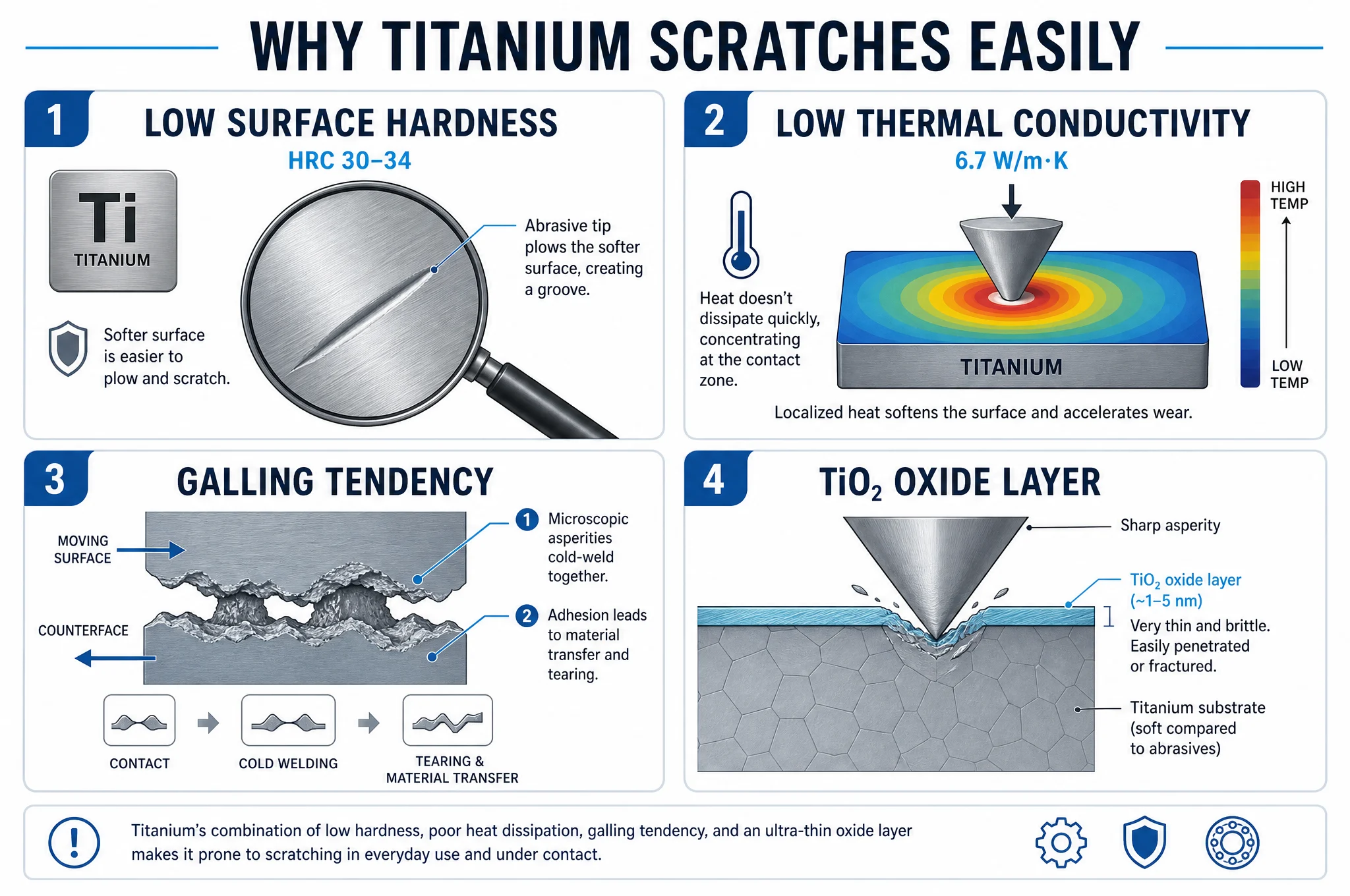 Dureté du titane : Guide complet des indices Rockwell et comparaison entre le titane et l'acier 4 Infographie expliquant les quatre raisons pour lesquelles le titane se raye facilement : faible dureté de la surface (HRC 30-34), faible conductivité thermique (6,7 W/mK), tendance au grippage et fine couche d'oxyde TiO2.