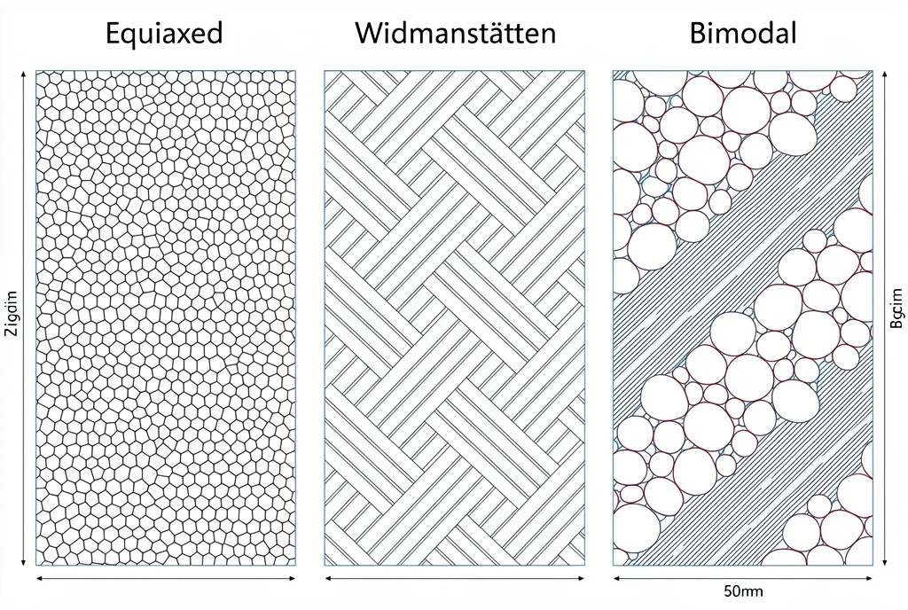 Spiegazione della struttura cristallina del titanio: approfondimento sulle fasi alfa, beta e alfa-beta 4 Diagramma comparativo della morfologia della microstruttura del titanio che mostra, affiancate, strutture equiassiali, lamellari di Widmanstatten e duplex bimodali