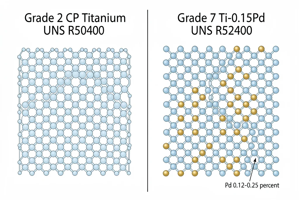 Titânio de grau 7 vs. titânio de grau 2: qual dos dois se destaca em ambientes ácidos? 1 Comparação esquemática entre o titânio comercialmente puro de Grau 2 e o titânio de Grau 7 com adição de paládio, ao nível da estrutura cristalina