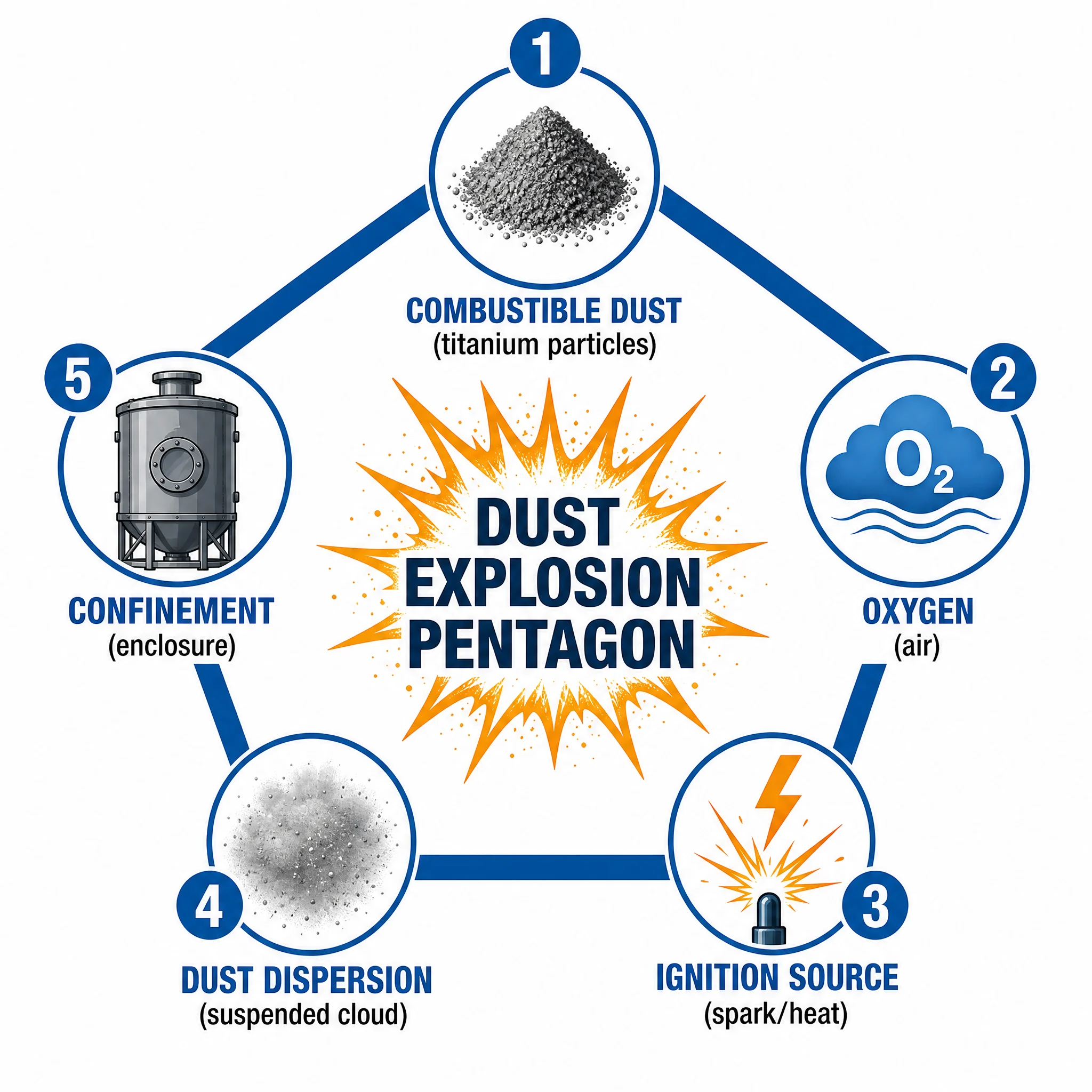 Is Titanium Flammable? Fire Risk in Machining and Dust Explosion Hazards Explained 2 Dust explosion pentagon diagram showing five required elements: combustible dust, oxygen, ignition source, dust dispersion, and confinement