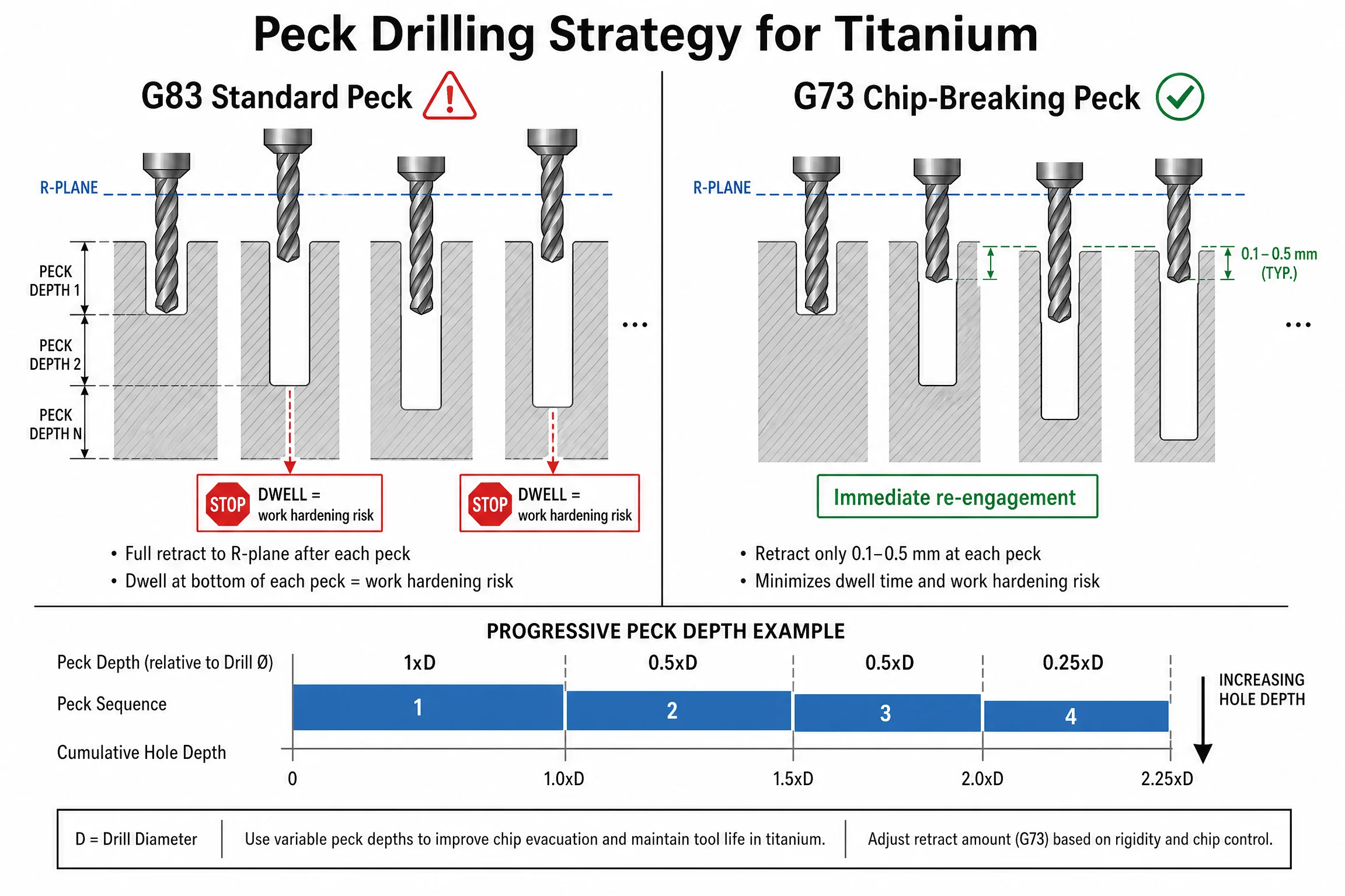Drilling Titanium: Speeds, Feeds, and the Work Hardening Trap — A Machinist’s Practical Guide 6 G83 vs G73 peck drilling cycle comparison for titanium - progressive peck depth diagram showing dwell-free strategy