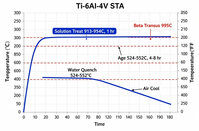 Titanium Heat Treatment: Annealing Temperatures, STA, and Stress Relief by Grade 3 Ti-6Al-4V STA heat treatment cycle diagram showing temperature versus time with solution treat water quench and aging parameters