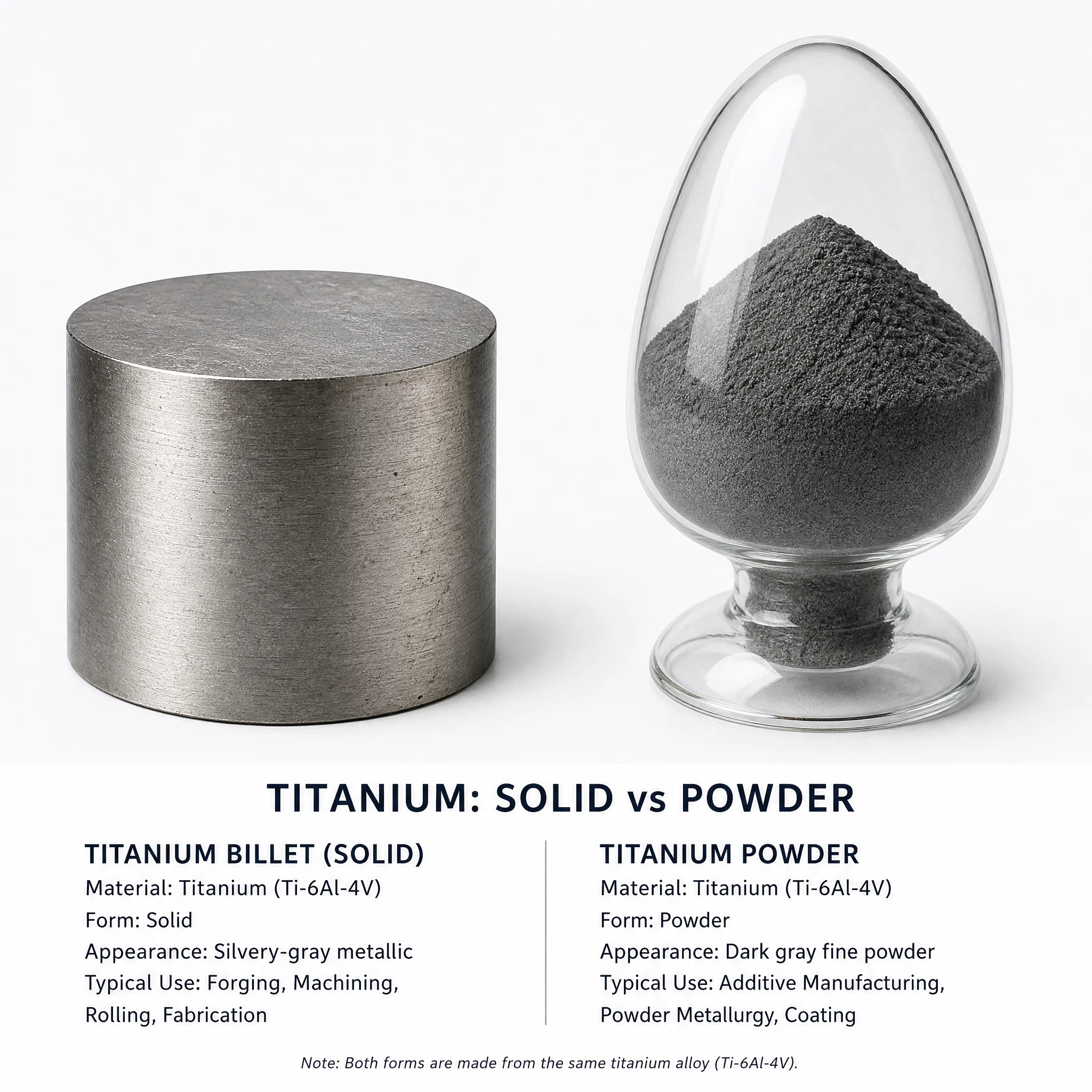 Is Titanium Flammable? Fire Risk in Machining and Dust Explosion Hazards Explained 1 Titanium bulk billet vs fine titanium powder side by side comparison - solid metal versus combustible powder form