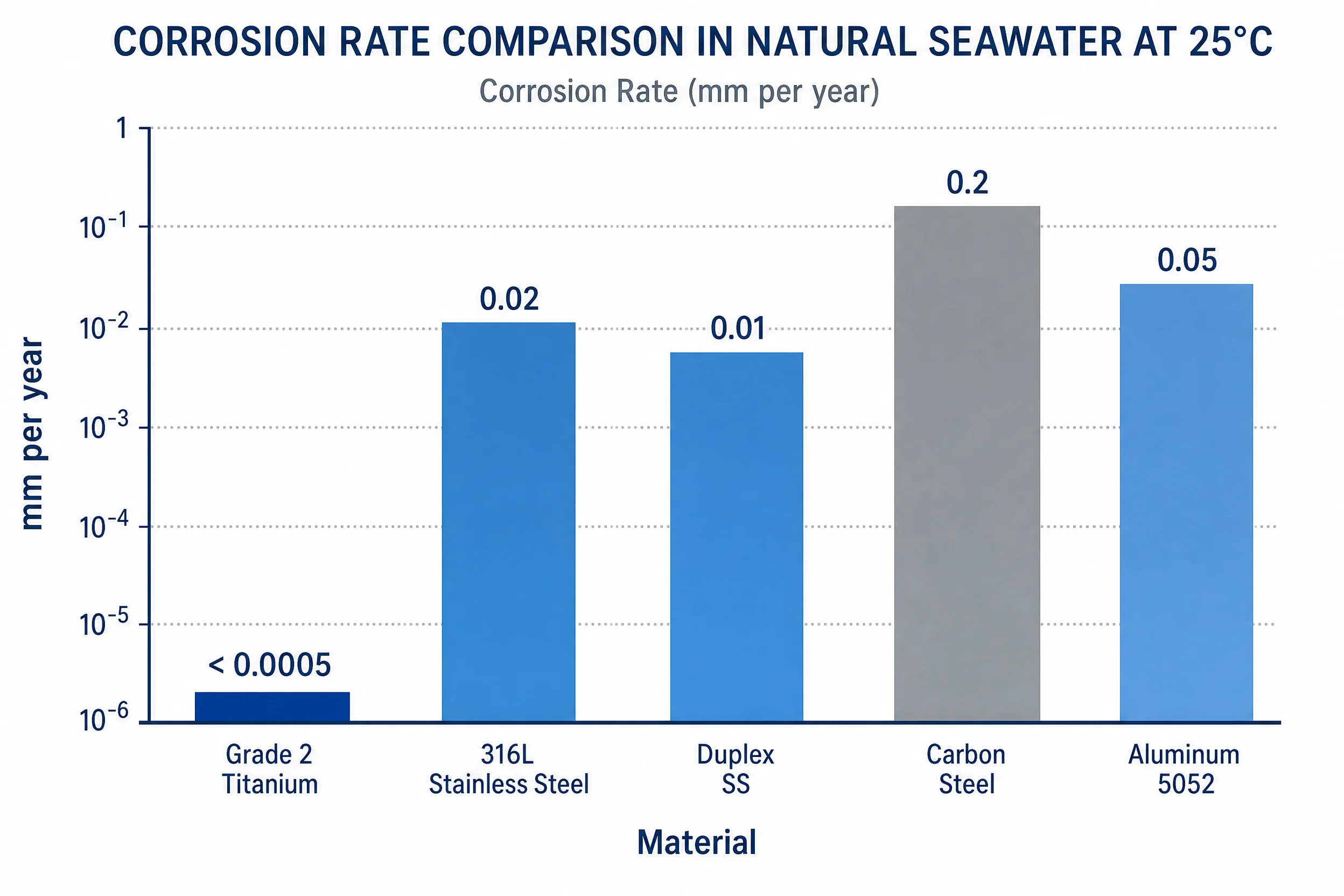 Why Titanium Resists Corrosion: The Mechanism, Seawater Data, and When It Actually Fails 2 Corrosion rate comparison bar chart - titanium versus stainless steel carbon steel and aluminum in natural seawater mm per year