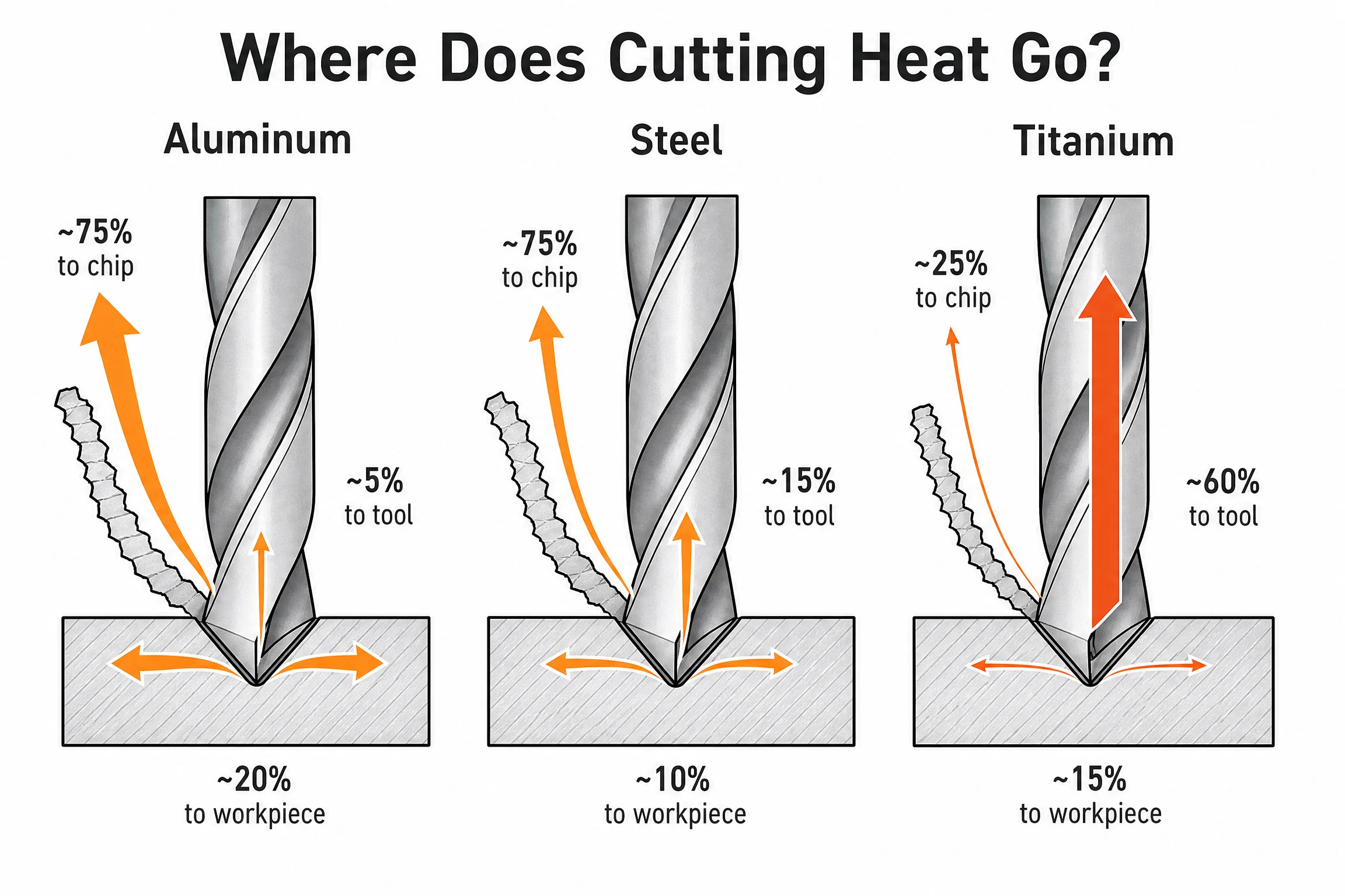 Drilling Titanium: Speeds, Feeds, and the Work Hardening Trap — A Machinist’s Practical Guide 1 Thermal conductivity comparison drilling aluminum steel titanium - heat distribution to tool vs workpiece vs chip diagram
