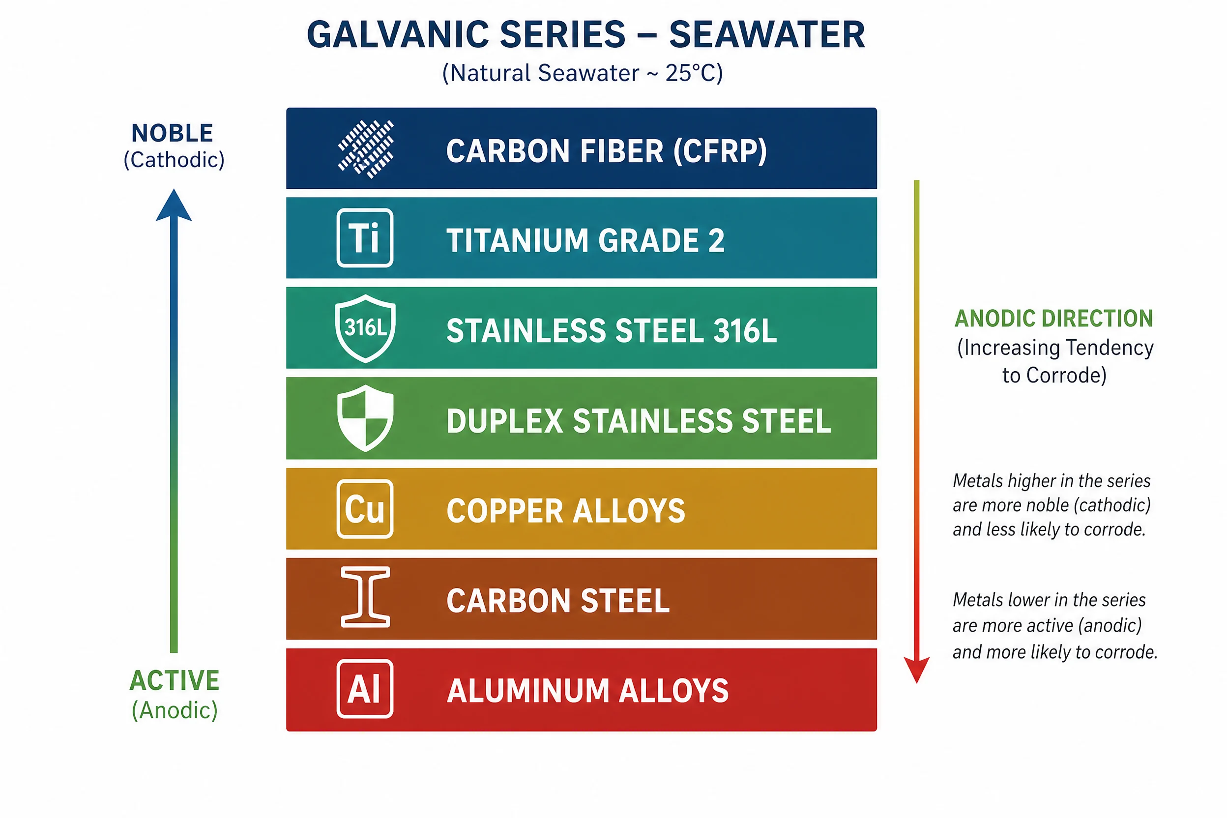 Why Titanium Resists Corrosion: The Mechanism, Seawater Data, and When It Actually Fails 3 Galvanic series diagram for seawater showing titanium position relative to carbon fiber stainless steel and aluminum - noble to active scale