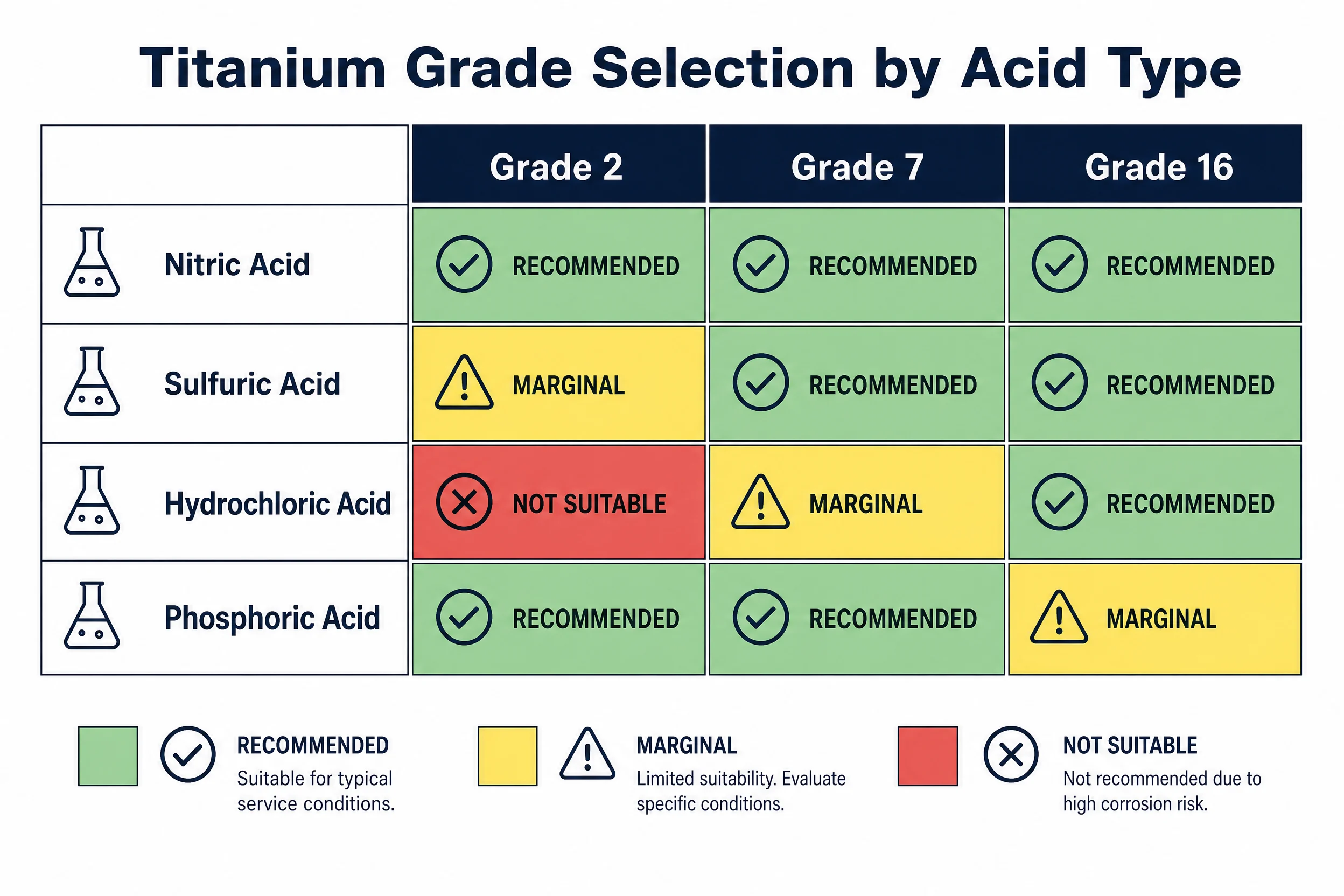 Titanium Grade Selection for Chemical Processing: A Corrosion Engineer’s Field Guide 1 Titanium grade acid selection matrix by acid type — color-coded recommendation chart showing Grade 2, Grade 7, and Grade 16 suitability for nitric, sulfuric, hydrochloric, and phosphoric acid environments