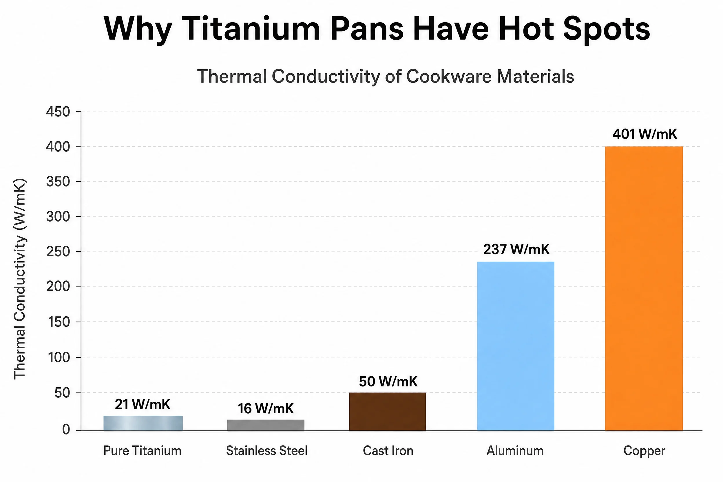 Are Titanium Pans Safe? What I Found After Testing Both Types 2 Infographic bar chart showing thermal conductivity comparison - why titanium pans have hot spots vs aluminum and copper cookware
