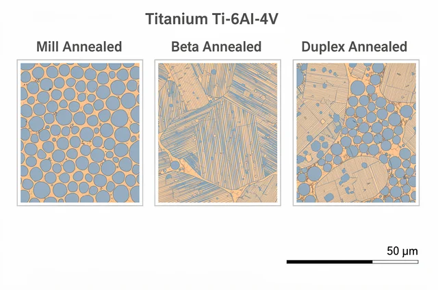 Titanium Heat Treatment: Annealing Temperatures, STA, and Stress Relief by Grade 2 Titanium Ti-6Al-4V microstructure comparison diagram showing equiaxed alpha annealed versus lamellar beta-annealed versus bimodal duplex annealed microstructure
