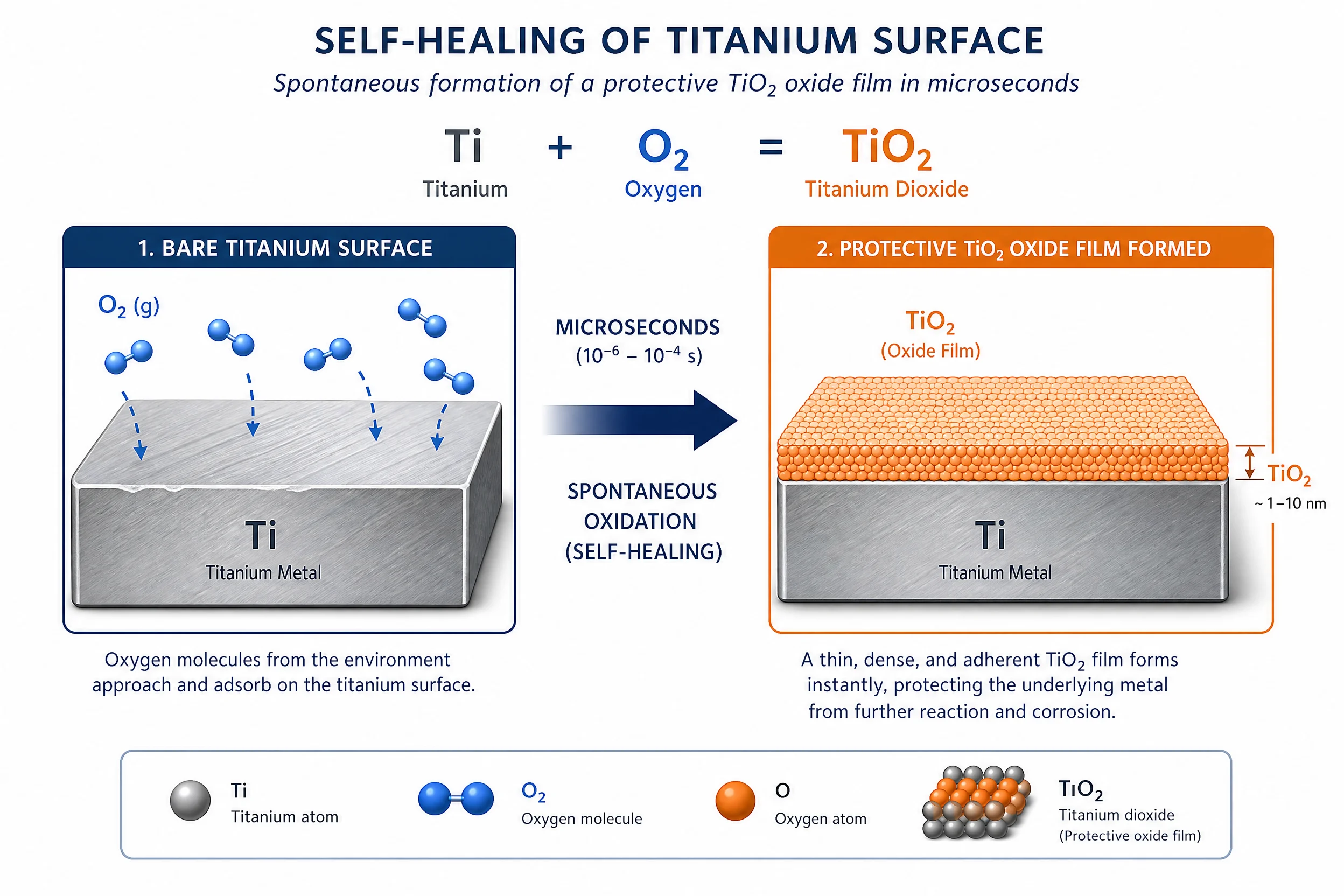 The Titanium Oxide Layer: How a 5-Nanometer Shield Makes Titanium Nearly Indestructible 2 Schematic diagram showing titanium metal surface self-healing mechanism - bare Ti metal reacting with O₂ to form protective TiO₂ passive film within microseconds, before and after repassivation
