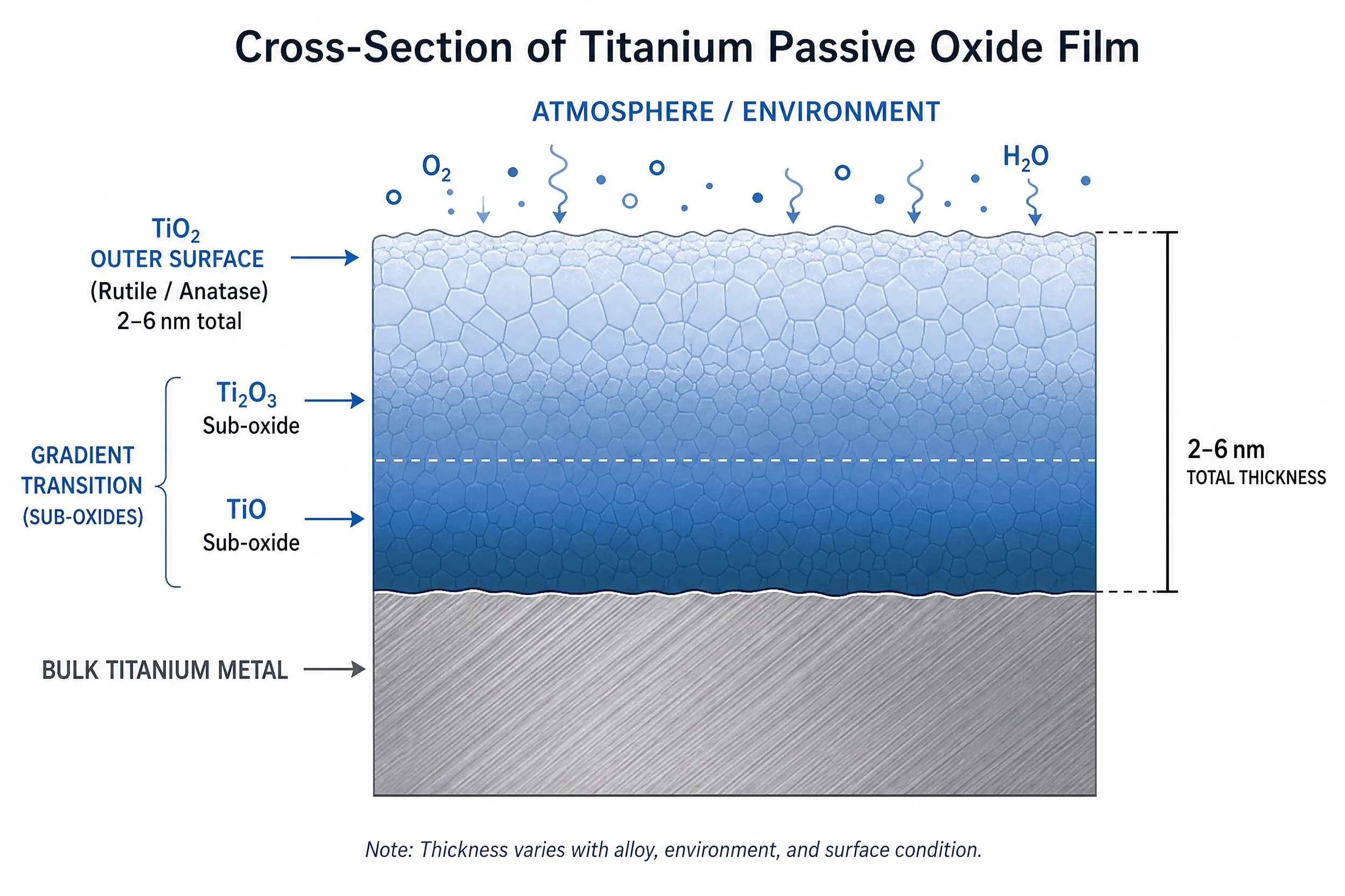 The Titanium Oxide Layer: How a 5-Nanometer Shield Makes Titanium Nearly Indestructible 1 Cross-section diagram of titanium passive film showing TiO₂ outer layer transitioning to Ti₂O₃ and TiO sub-oxides before reaching bulk titanium metal substrate - gradient oxide structure 2-6 nm thick